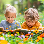 Drei glückliche Kinder lesen Bücher liegend auf einer Blumenwiese