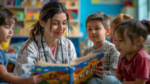 Krankenschwester liest Kindern ein Buch vor