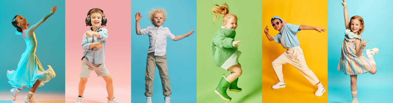 Energetic collage made of dynamic photos of happy, smiling children dancing in motion against pastel colored studio background. Concept of human emotions, childhood, fashion, style, beauty, education