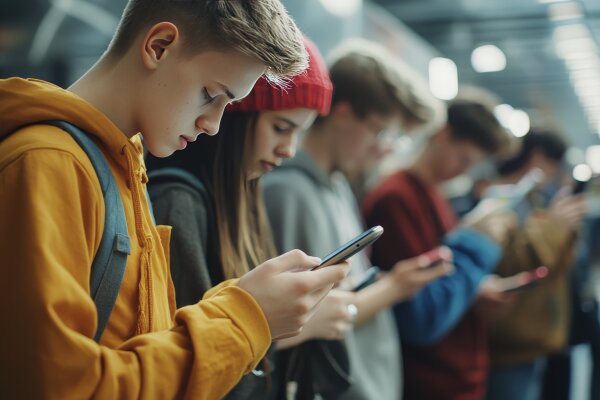 Teenager stehen in einer Reihe und sehen alle auf Ihr Smartphone in der Hand