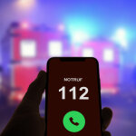 Handy wird in der Hand gehalten und der Notruf 112 gewählt