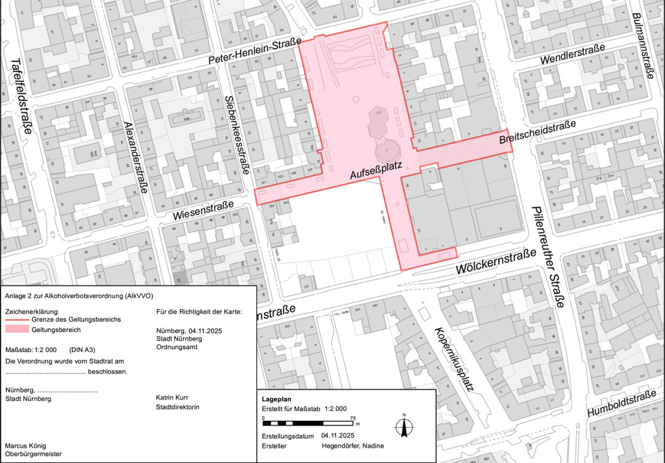 Karte mit der rot markierten Alkoholverbotszone am Aufseßplatz., Bild © Geobasisdaten: Stadt Nürnberg, Geo und Bayerische Vermessungsverwaltung