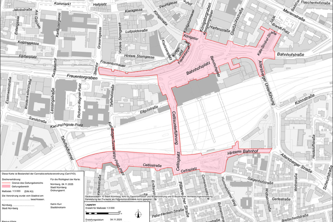 Bild © Ordnugnsamt / Stadt Nürnberg Rot markierte Flächen der Cannabisverbotszone rund um den Nürnberger Hauptbahnhof., Bild © Ordnugnsamt / Stadt Nürnberg