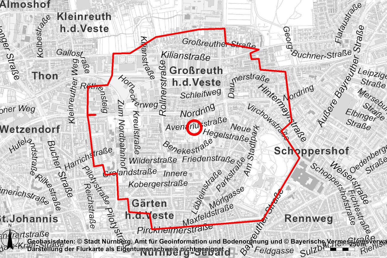 Evakuierungsradius zum Fund der Fliegerbombe in der Avenariusstraße am 14. November 2025., Bild © Stadt Nürnberg