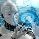 Ein humanoider Roboter vor einer virtuellen Tafel.