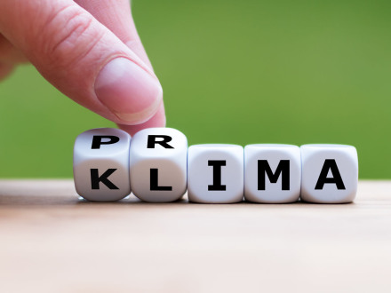 Foto von 5 Würfeln. Auf den Würfeln sind Buchstaben. Die Buchstaben ergeben das Wort: Klima oder prima.