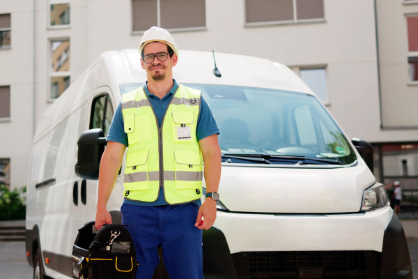 Ein Handwerker auf dem Weg zu seiner Arbeit in einem städtischen Wohngebiet. Im Hintergrund parkt sein Van.
