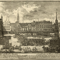 Zeichnung des Ostermarkts auf dem Nürnberger Hauptmarkt aus dem Jahr 1594. Im Vordergrund sind Fuhrwerke zu sehen. Rechts vorne im Bild befindet sich der Schöne Brunnen. Dahinter in der Bildmitte sind Marktstände aufgebaut. Links im Bild befindet sich die Liebfrauenkirche. 