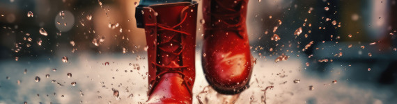 Rote Stiefel, die durch eine Pfütze laufen. Das Wasser spritzt hoch.
