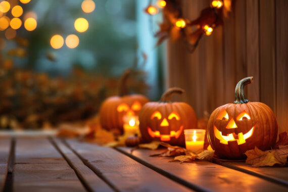Background with halloween pumpkins, candles and autumn leaves on the wooden house porch