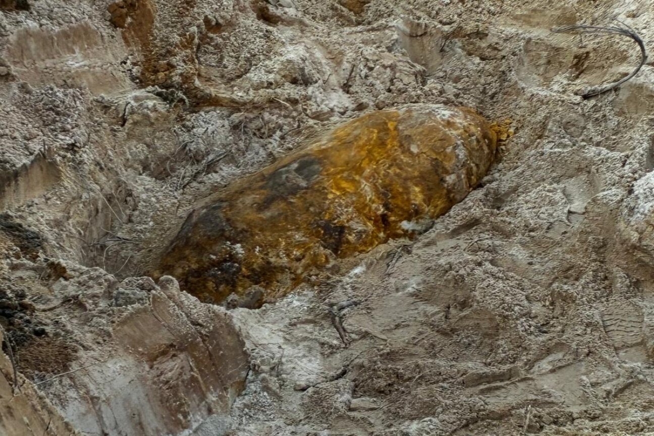 Blick auf die am 9. März 2026 gefundene und 450 Kilogramm schwere Fliegerbombe im Nürnberger Stadtteil Lichtenreuth.