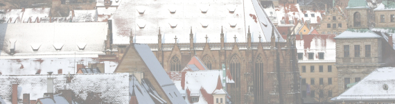 Blick auf die Kaiserburg, die Sebalduskirche und Altstadthäuser im Winter. Die Dächer sind voll Schnee.