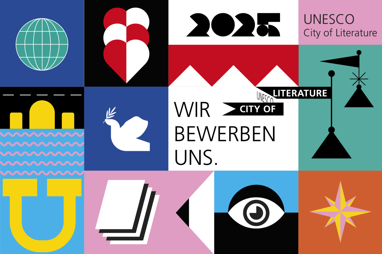 Grafik für die Bewerbung zur UNESCO City of Literature. Zu sehen sind Symbole wie ein Auge, Globus, Friedenstaube, Herz und der Buchstabe U auf jeweils buntem Untergrund.
