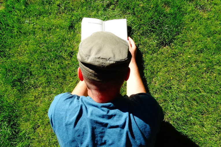 Blick auf einen Mann von hinten der auf dem Rasen sitzt und ein Buch liest.