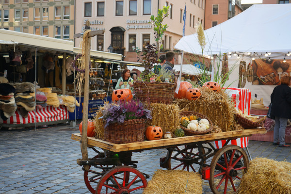 Blick auf einen historischen Leiterwagen, der mit Kürbissen, Heuballen und Pflanzen geschmückt ist (Herbstmarkt 2024).