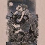 Illustration einer Hexe, die sich an einem Teufel festhält. Gestrüpp und ein Vollmond im Hintergrund. Dunkler Himmel.