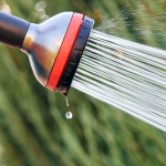 Wasserstrahl aus einem Gartenschlauch.