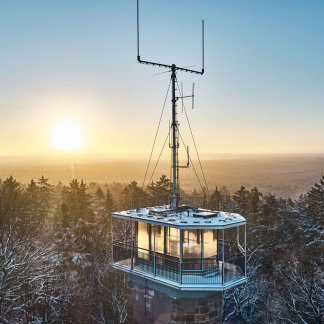 Blick auf die Aussichtsplattform über den Baumwipfeln des Reichswalds.