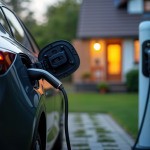 Ein elektrisches Auto steht auf einem Privatgrundstück vor einem Haus und lädt an einer Ladesäule.