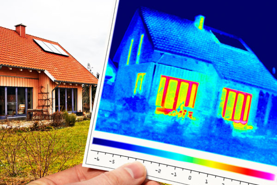 Thermische Fotografie eines Einfamilienhauses.