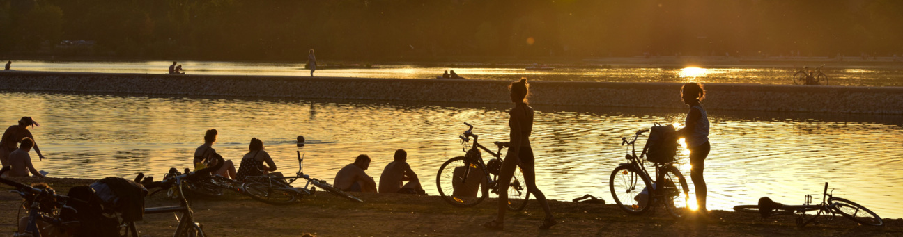 Uferwiese an der Norikusbucht bei Sonnenuntergang.