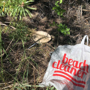 Beach Cleaner Bag in einer Wiese mit Plastikmüll.