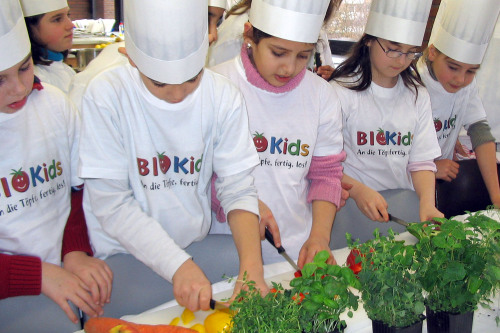Die BioKids schnipseln gemeinsam Gemüse.