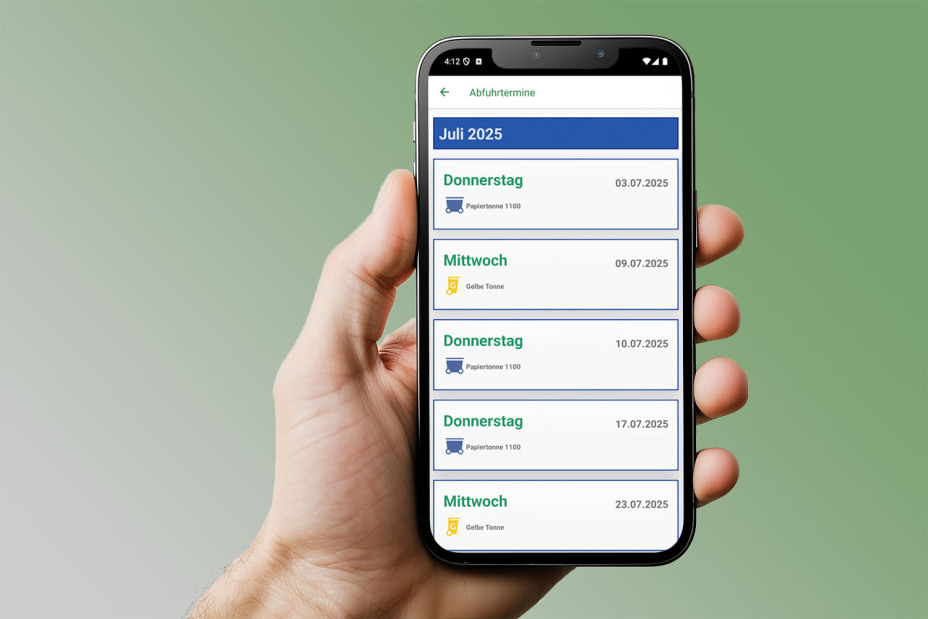 Eine Hand hält ein Smartphone. Auf dem Display ist die Abfall-App des ASN zu sehen.