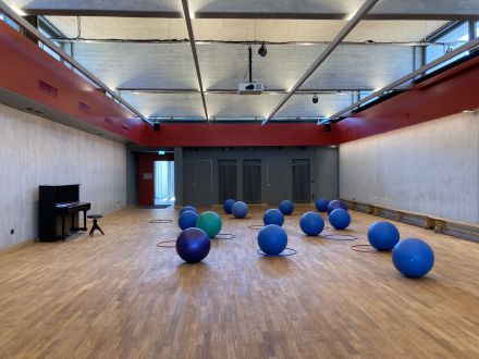 Foto von einem Gruppen·raum im Gemeinschafts·haus Langwasser. In dem Raum liegen viele große Bälle., Bild © Hochbauamt/Stadt Nürnberg