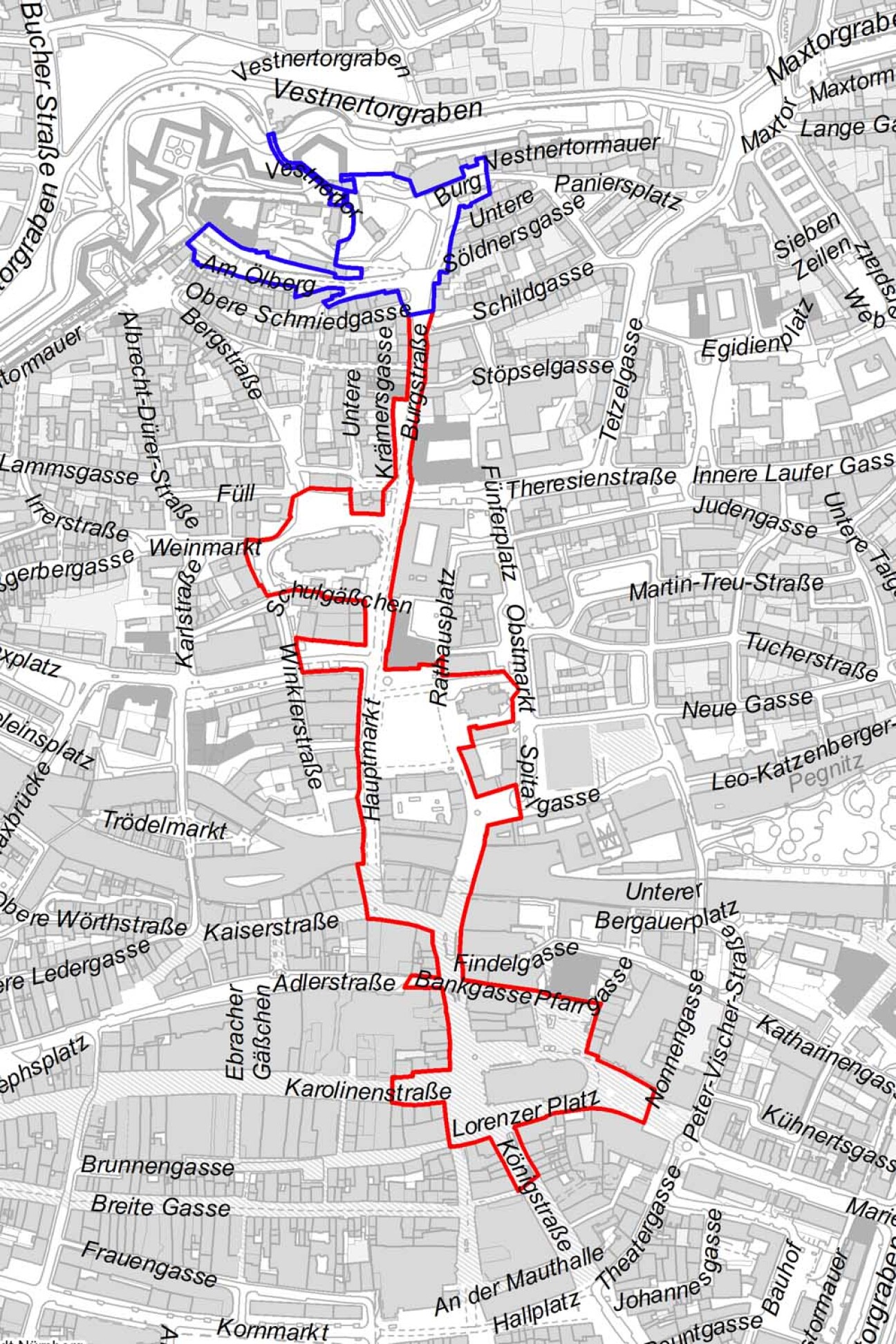 Bild © Stadt Nürnberg Karte der Innenstadt Nürnberg. Die Verbotszonen für das Silvesterfeuerwerk sind rot und blau umrandet., Bild © Stadt Nürnberg