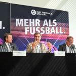 v. l. n. r.: Bürgermeister Andreas Krieglstein, Oberbürgermeister Marcus König, Ministerpräsident Dr. Markus Söder und Jörg Ammon, Präsident des Bayerischen Landes-Sportverbands e. V., bei der Pressekonferenz zur Interessensbekundung der Finals 20XX.