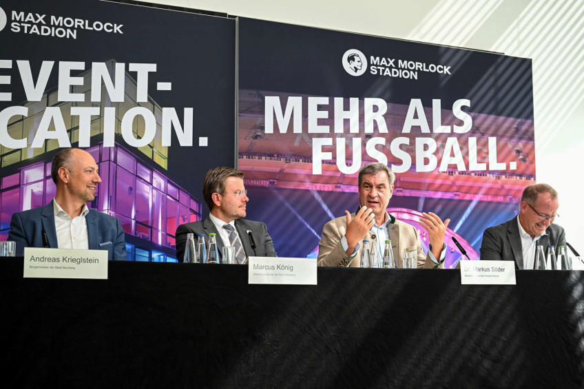 Bild © Christine Dierenbach / Stadt Nürnberg v. l. n. r.: Bürgermeister Andreas Krieglstein, Oberbürgermeister Marcus König, Ministerpräsident Dr. Markus Söder und Jörg Ammon, Präsident des Bayerischen Landes-Sportverbands e. V., bei der Pressekonferenz zur Interessensbekundung der Finals 20XX., Bild © Christine Dierenbach / Stadt Nürnberg