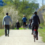 Radfahrer und Fußgänger in einer Grünanlage.
