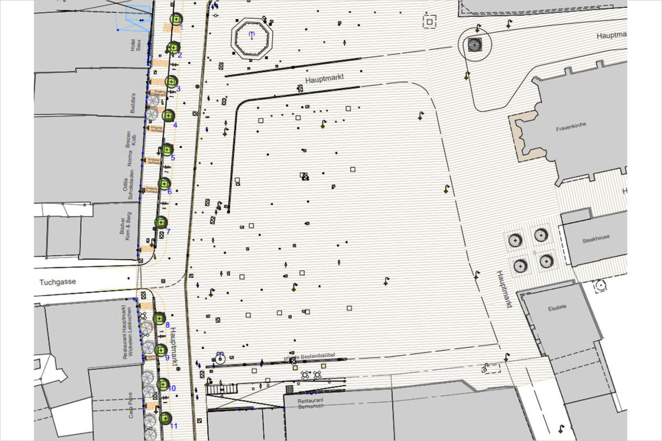 Standorte der mobilen Bäume an der Westseite des Hauptmarkts., Bild © Stadtplanungsamt / Stadt Nürnberg