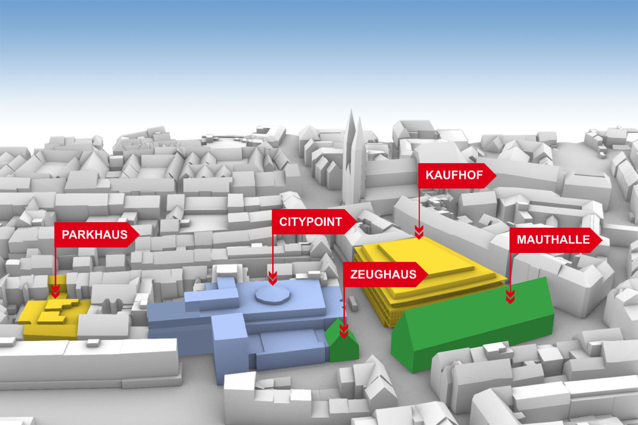 Bild © wbg Nürnberg 3D Modell des Kaufhof-Areals mit Kaufhof, Citypoint, Parkhaus, Zeughaus und Mauthalle., Bild © wbg Nürnberg