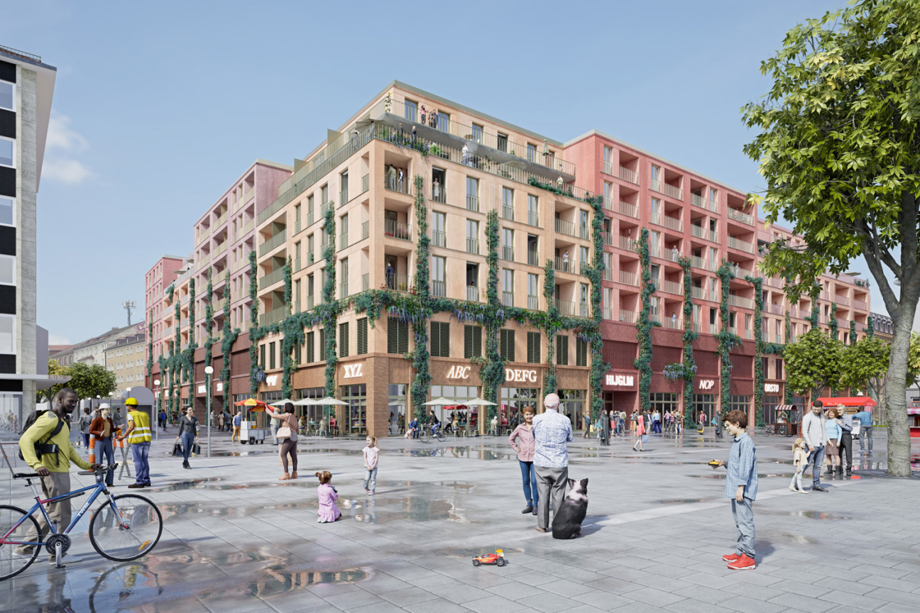 Bild © Ten Brinke / Behles & Jochimsen Visualisierung des Schocken-Carrés am Aufseßplatz in der Südstadt., Bild © Ten Brinke / Behles & Jochimsen