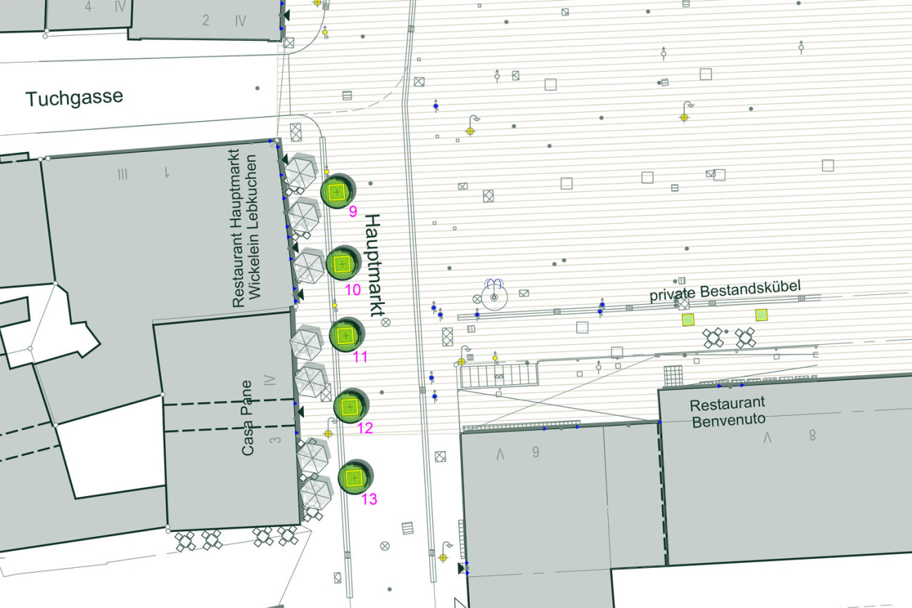 Standorte der mobilen Bäume: Fünf weitere Bäume sind südlich in Richtung Fleischbrücke geplant., Bild © Stadtplanungsamt / Stadt Nürnberg
