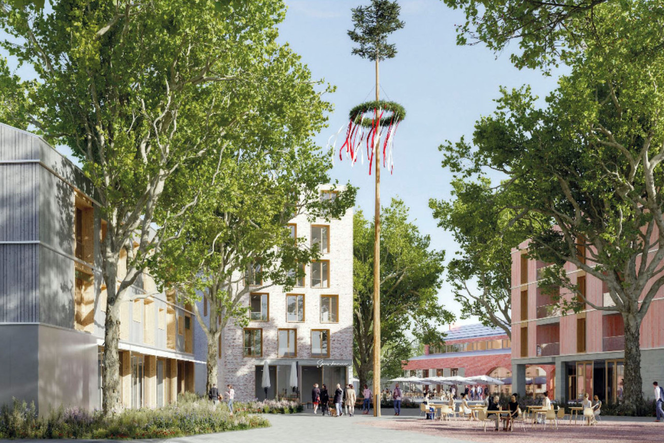 Animation der neuen Mitte Boxdorf, Sicht von der Boxdorfer Hauptstraße., Bild © SIMA + BREER Landschaftsarchitekten / Winterthur CH