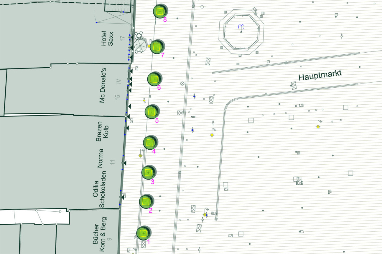Standorte der mobilen Bäume: Acht Bäume sind am jetzigen Taxistandort geplant., Bild © Stadtplanungsamt / Stadt Nürnberg