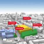 3D Modell des Kaufhof-Areals mit Kaufhof, Citypoint, Parkhaus, Zeughaus und Mauthalle.