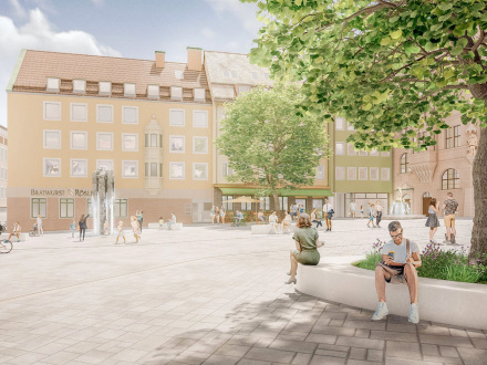 Bild vom Obst·markt. An den Seiten sind Bäume gepflanzt. Viele Menschen halten sich dort auf. Im Hintergrund sind Häuser zu sehen. Das Bild ist mit einem Computer gemacht.