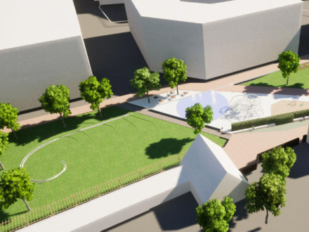 Auf einem Modell vom Rochus·park sieht man Bäume und Wege. Der Entwurf ist an einem Computer gemacht.