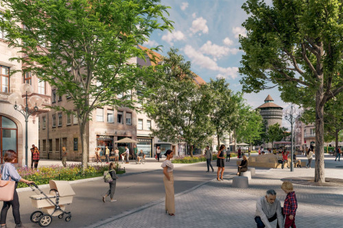 Visualisierung zur Umgestaltung der Königstraße: Bäume und Beete sollen das Stadtklima verbessern, Sitzmöglichkeiten für mehr Aufenthaltsqualität sorgen.