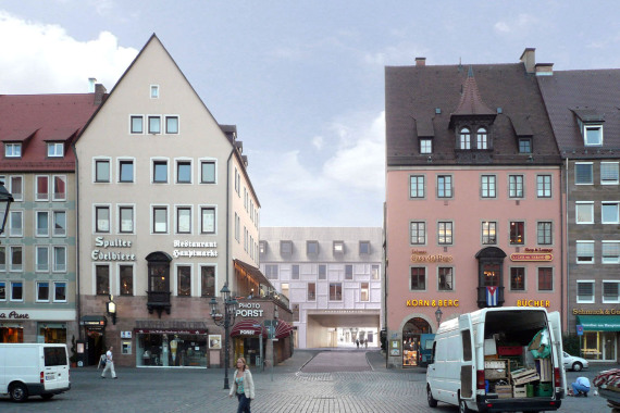 Modellbild des Augustinerhofs vom Hauptmarkt aus gesehen.