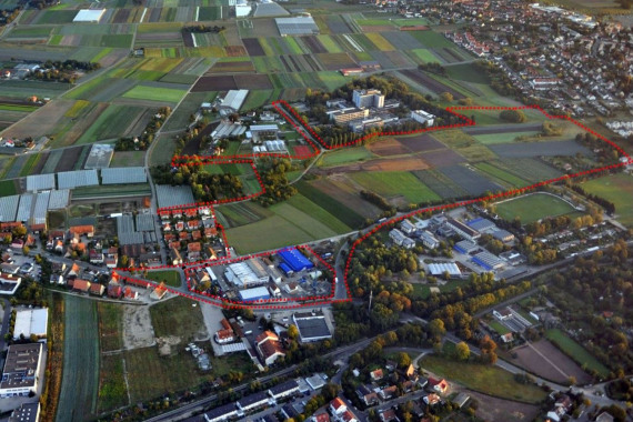Luftbild von Wetzendorf mit eingezeichneten Umrissen des neuen Quartiers..