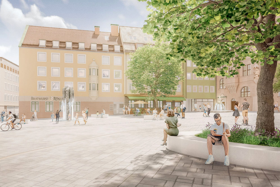 Bild © Schegk Landschaftsarchitekten BDLA Stadtplaner und Merlin Bartholomäus Modellbild: Blick auf den Obstmarkt nach der Umgestaltung., Bild © Schegk Landschaftsarchitekten BDLA Stadtplaner und Merlin Bartholomäus