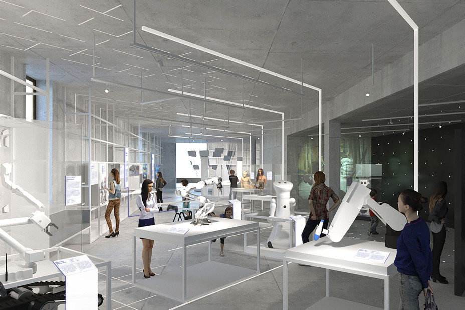 Visualisierung des Themenfelds Arbeit und Alltag im Zukunftsmuseum., Bild © Atelier Brückner GmbH / Deutsches Museum