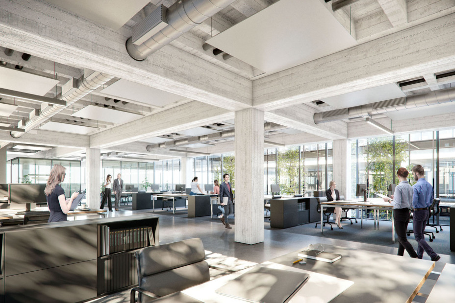 Modellbild von Büros in einem der umgebautn Quelle-Gebäude., Bild © Kister Scheithauer Gross Architekten und Stadtplaner