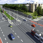 Modellzeichnung der Straßenbahnlinie am Wegfeld in Richtung Erlangen.