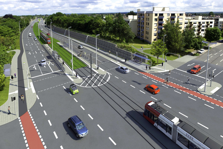 Modellzeichnung der Straßenbahnlinie am Wegfeld in Richtung Erlangen.